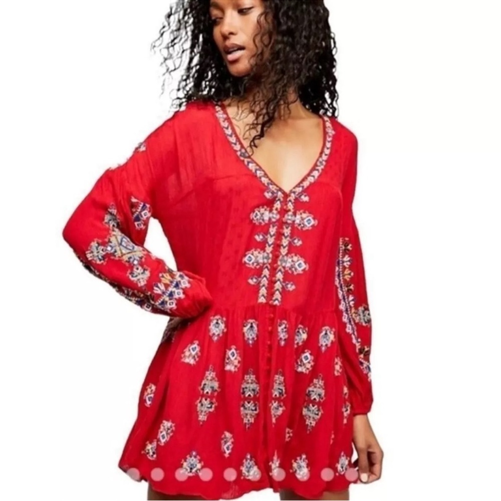 Free People Red Ariana Embroidered Tunic, Size Medium